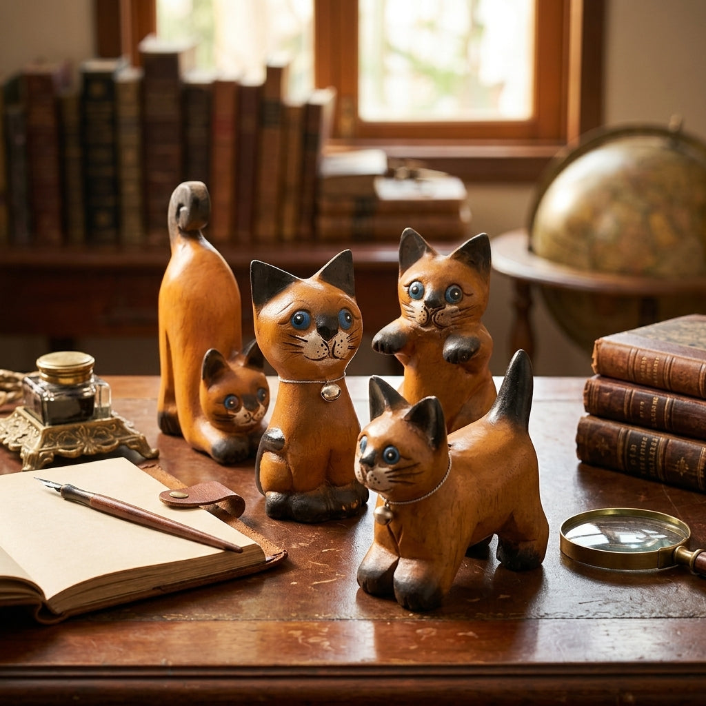 Handcrafted wooden cat figurine in a playful pose