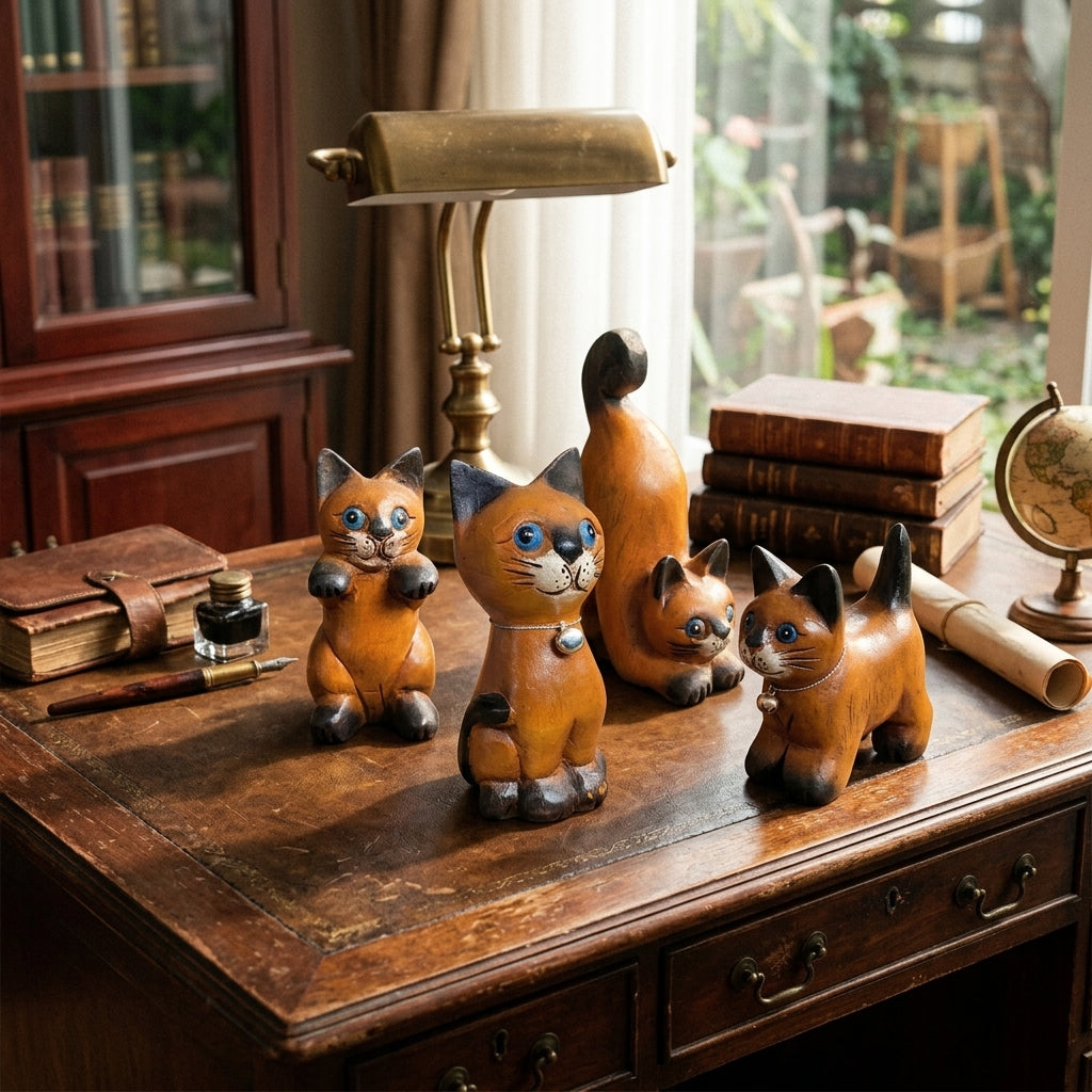 Handcrafted wooden cat figurine in a playful pose