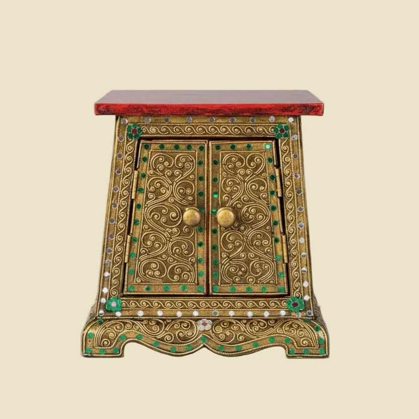Handcrafted authentic solid wood altar stand and display pedestal with a hidden storage cabinet.