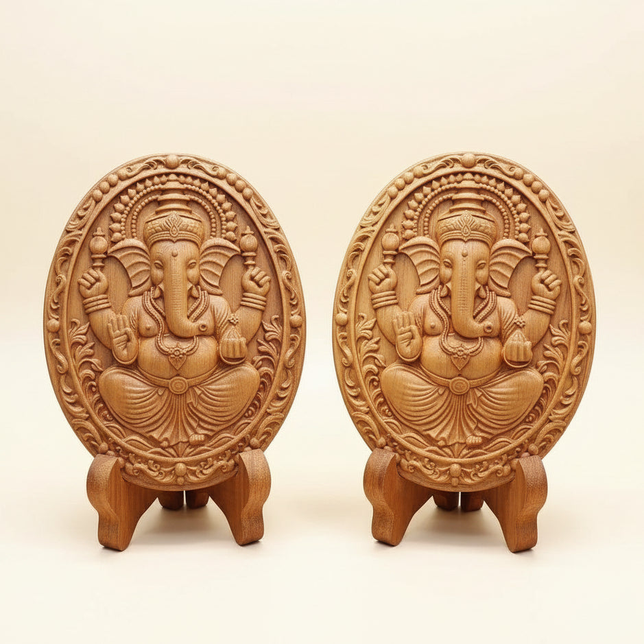 Handcrafted golden teak wood Ganesha statue for home decor
