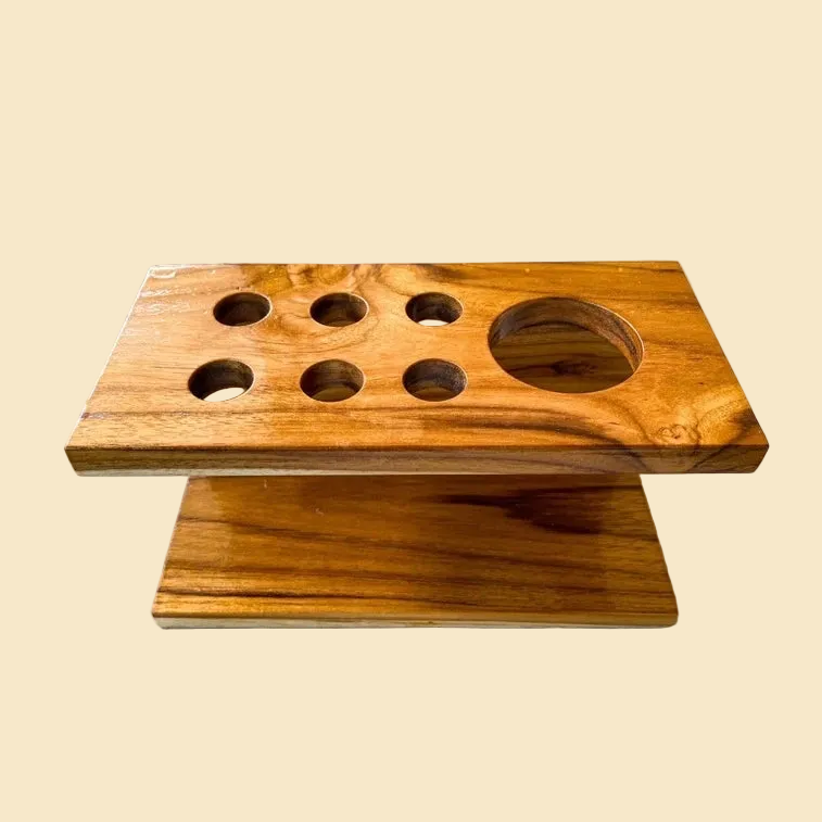 Handmade golden teak toothbrush holder and toothpaste stand, perfect for wooden countertop bathroom organization without drilling.