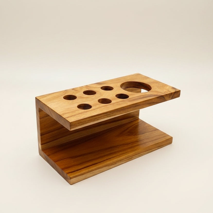 Handmade golden teak toothbrush holder and toothpaste stand, perfect for wooden countertop bathroom organization without drilling.