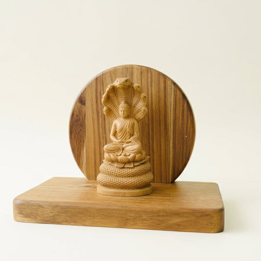 Handmade mini golden teak wood Buddha altar and display stand, perfect for Zen desk decor and showcasing small statues.
