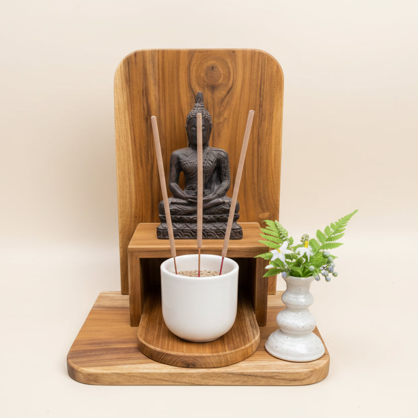 Handmade minimalist golden teak wood Buddha altar for home, dual-function tabletop and wall-mount design, premium Thai artisan woodwork.