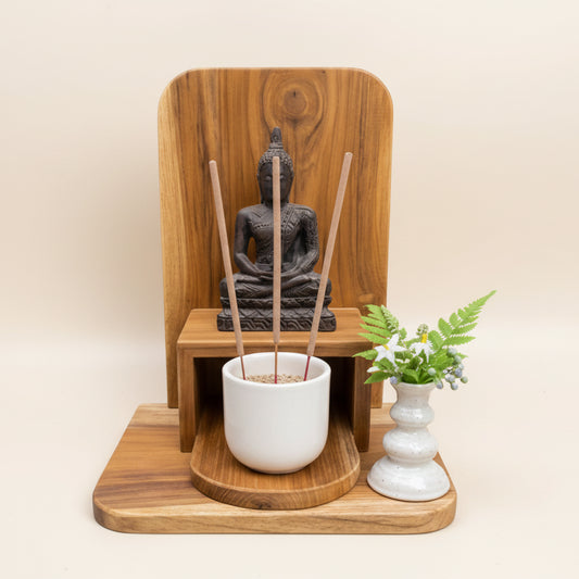 Handmade minimalist golden teak wood Buddha altar for home, dual-function tabletop and wall-mount design, premium Thai artisan woodwork.