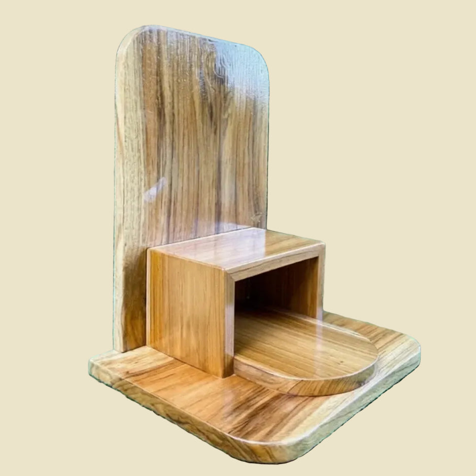 Handmade minimalist golden teak wood Buddha altar for home, dual-function tabletop and wall-mount design, premium Thai artisan woodwork.