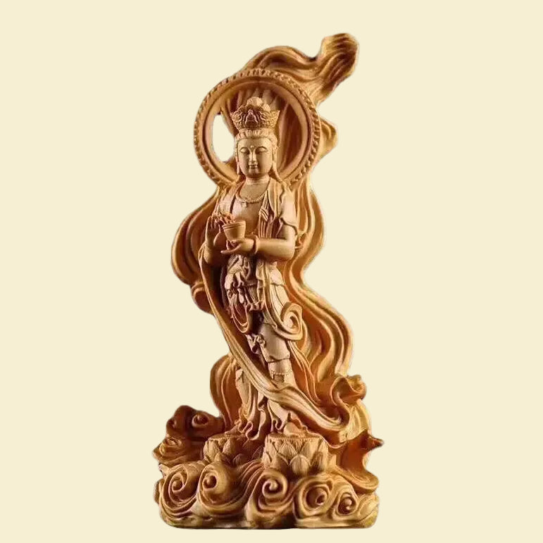Hand-carved solid wood Sea-Crossing Guanyin statue, Goddess of Mercy, perfect for Feng Shui and Zen home decor.