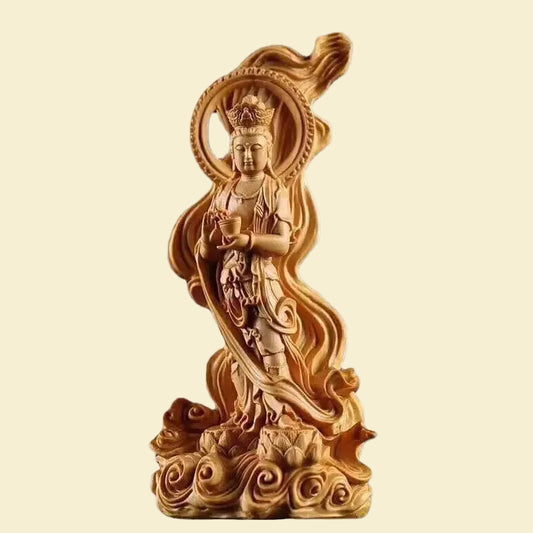 Hand-carved solid wood Sea-Crossing Guanyin statue, Goddess of Mercy, perfect for Feng Shui and Zen home decor.