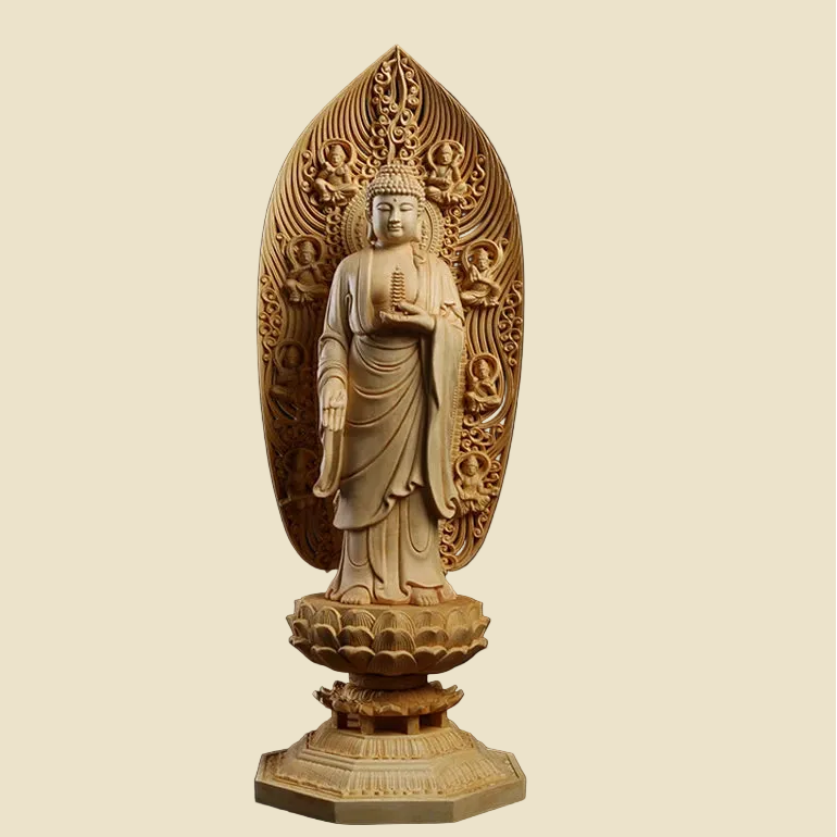 17-inch handcrafted solid wood Medicine Buddha statue on lotus tower base
