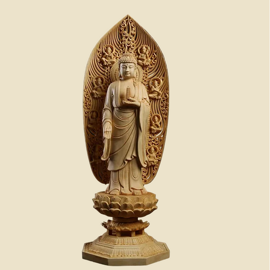 17-inch handcrafted solid wood Medicine Buddha statue on lotus tower base
