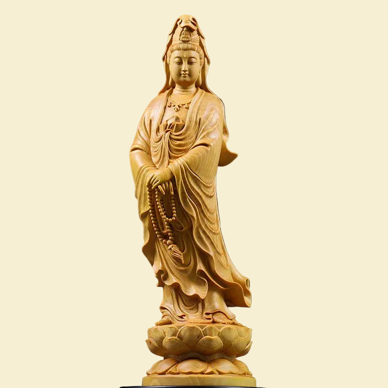 Premium hand-carved natural cypress wood Guanyin statue, Goddess of Mercy, for Feng Shui and spiritual home decor.