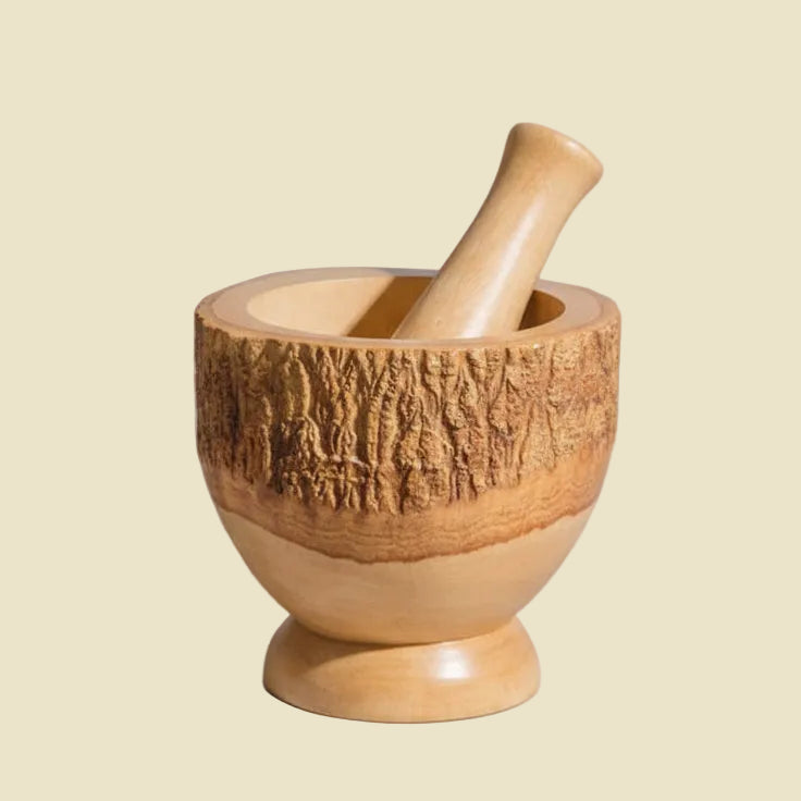 Heavy-Duty Wood Mortar and Pestle Set - Rustic Bark