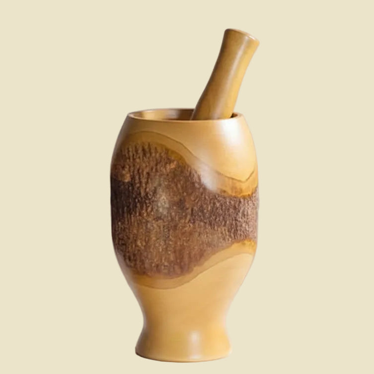 Large size 31cm tall authentic Thai wooden mortar and pestle designed for heavy grinding.