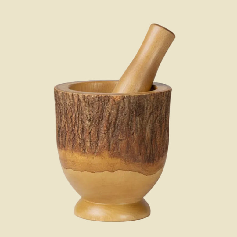 Medium size heavy-duty wooden mortar and pestle with natural tree bark, measuring 18cm in height.