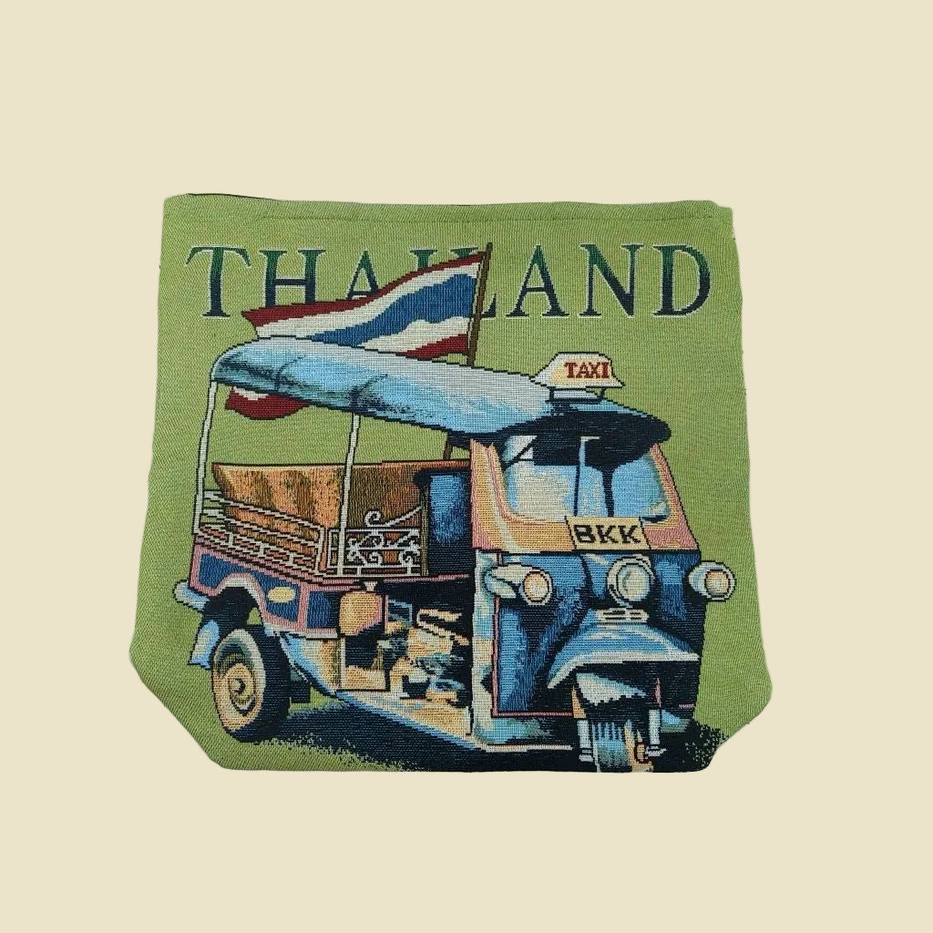 Iconic Thai Tuk Tuk woven tote bag with a colorful double-sided design, made from premium cotton fabric.