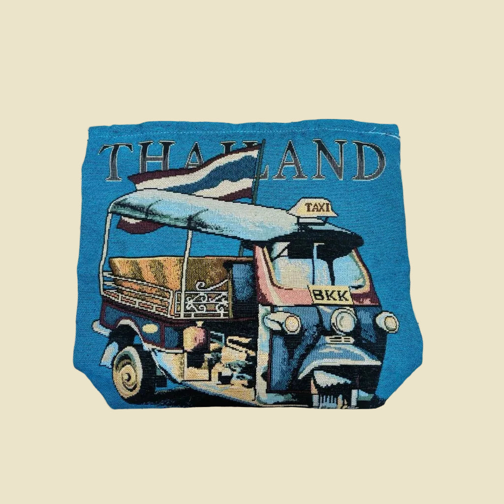Iconic Thai Tuk Tuk woven tote bag with a colorful double-sided design, made from premium cotton fabric.