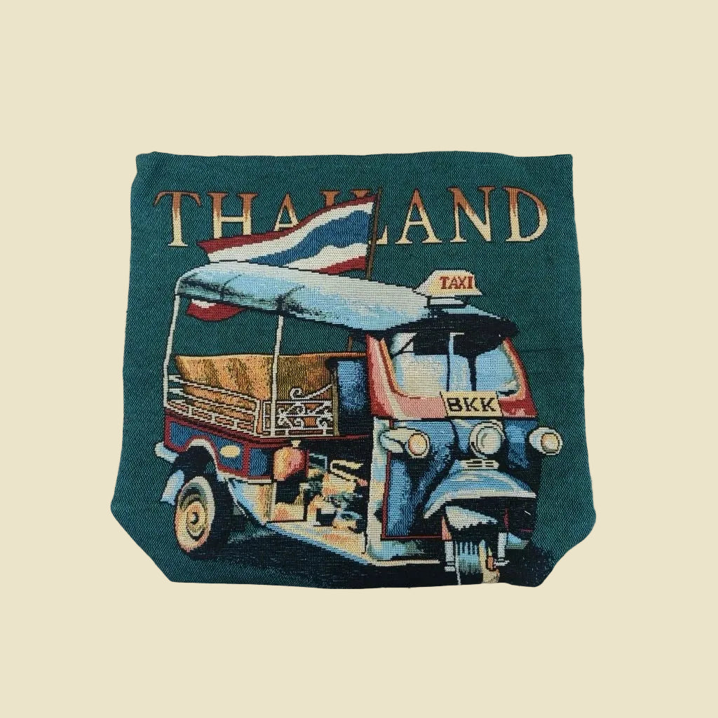 Iconic Thai Tuk Tuk woven tote bag with a colorful double-sided design, made from premium cotton fabric.
