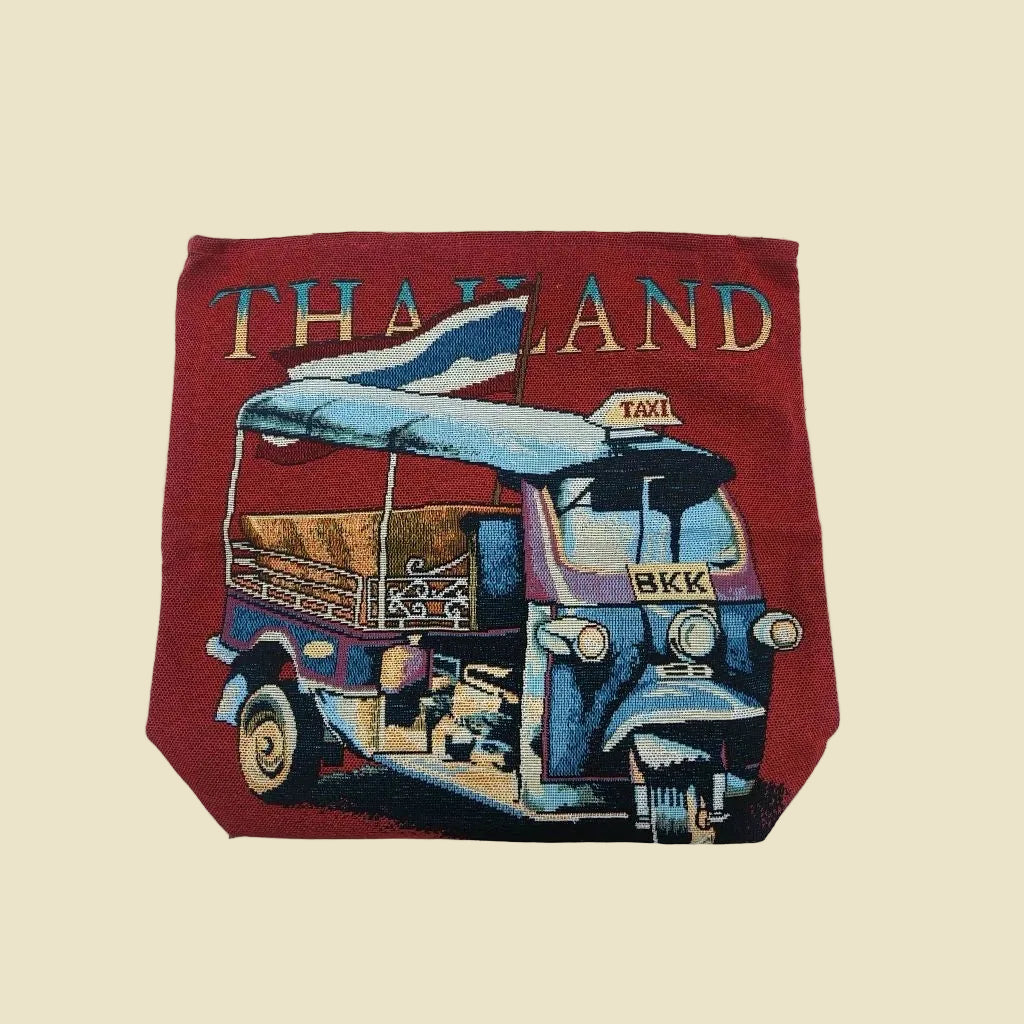 Iconic Thai Tuk Tuk woven tote bag with a colorful double-sided design, made from premium cotton fabric.