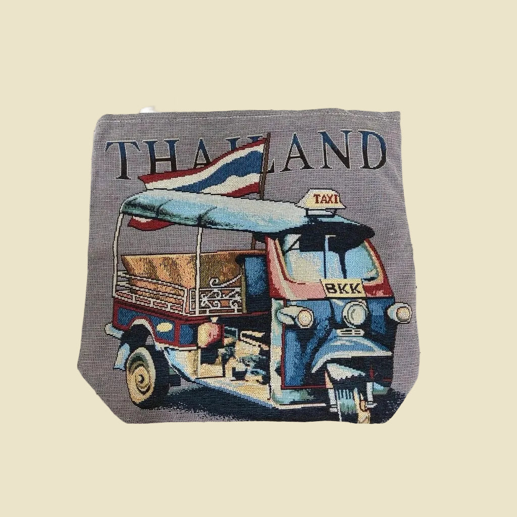 Iconic Thai Tuk Tuk woven tote bag with a colorful double-sided design, made from premium cotton fabric.