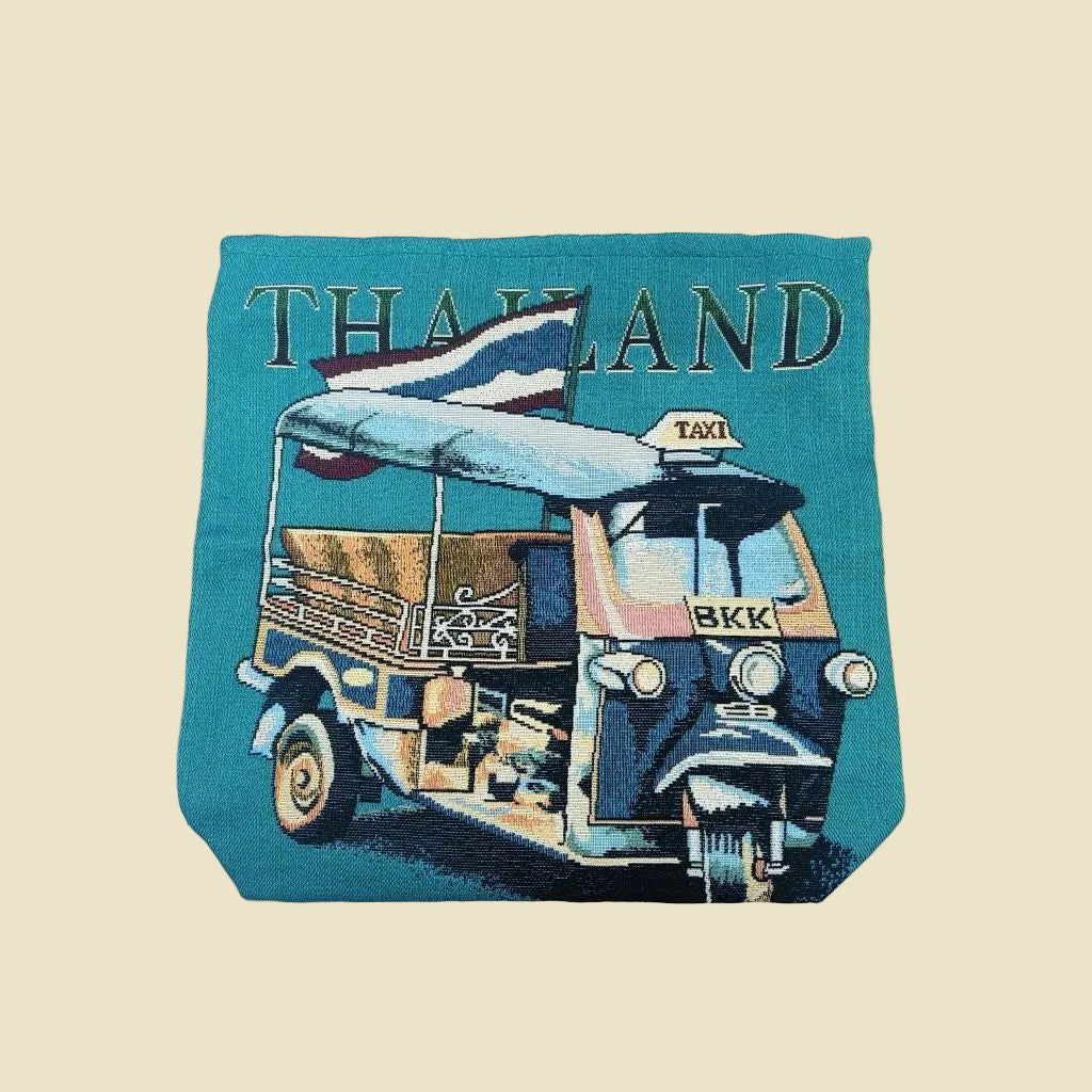 Iconic Thai Tuk Tuk woven tote bag with a colorful double-sided design, made from premium cotton fabric.