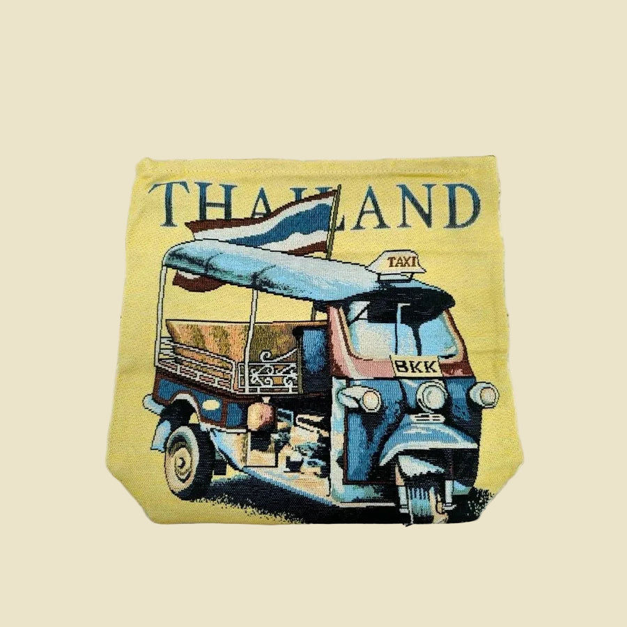 Iconic Thai Tuk Tuk woven tote bag with a colorful double-sided design, made from premium cotton fabric.