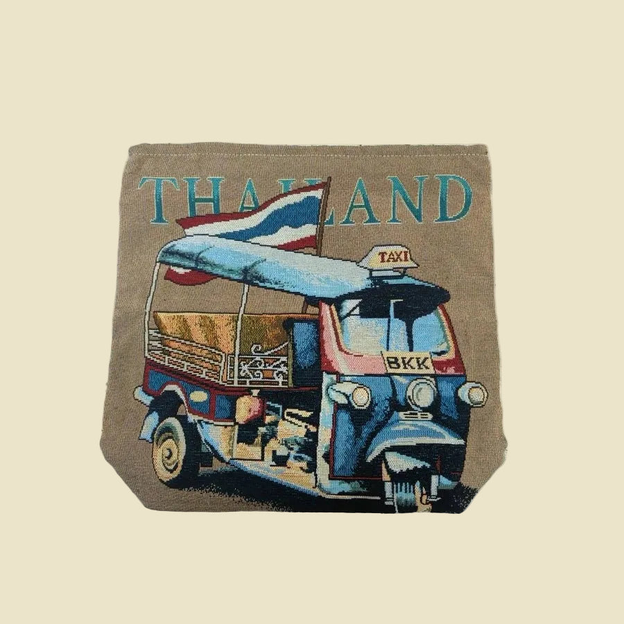 Iconic Thai Tuk Tuk woven tote bag with a colorful double-sided design, made from premium cotton fabric.