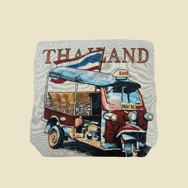 Iconic Thai Tuk Tuk woven tote bag with a colorful double-sided design, made from premium cotton fabric.