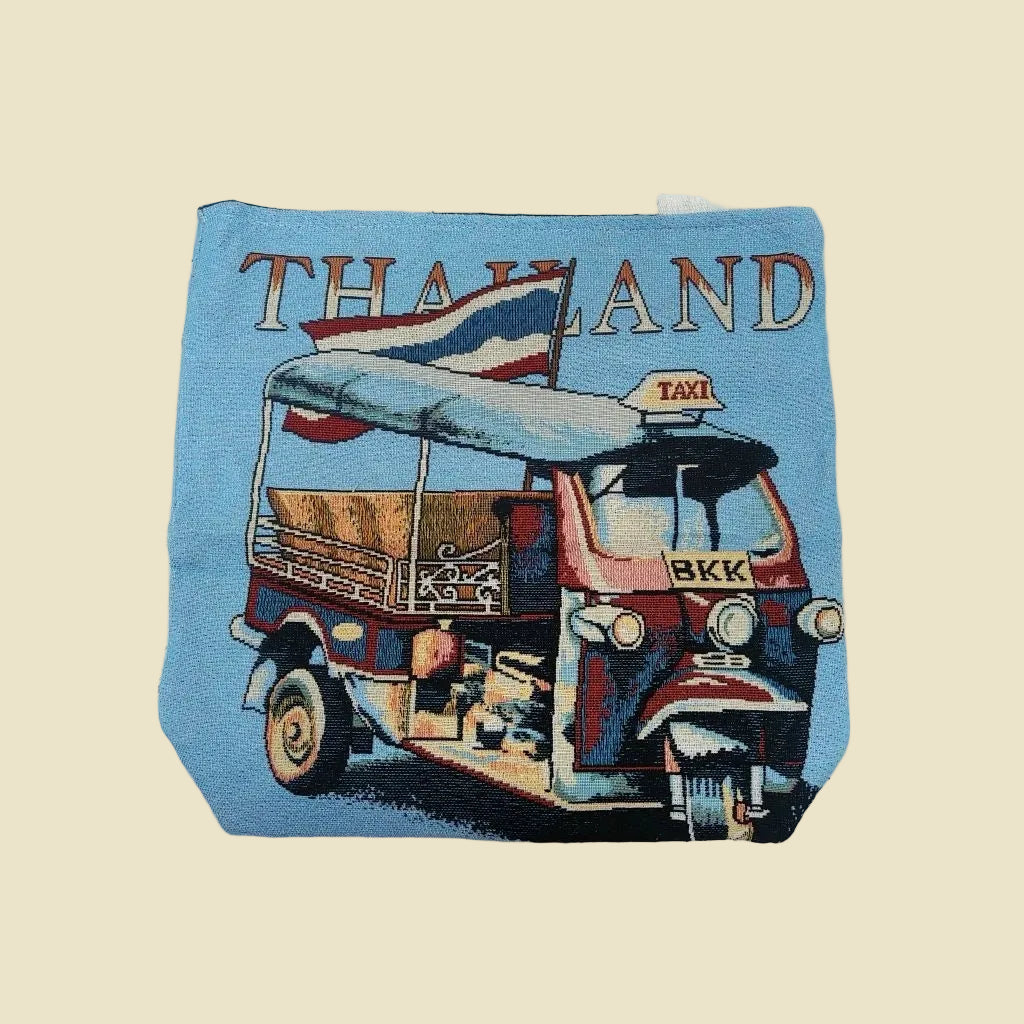 Iconic Thai Tuk Tuk woven tote bag with a colorful double-sided design, made from premium cotton fabric.
