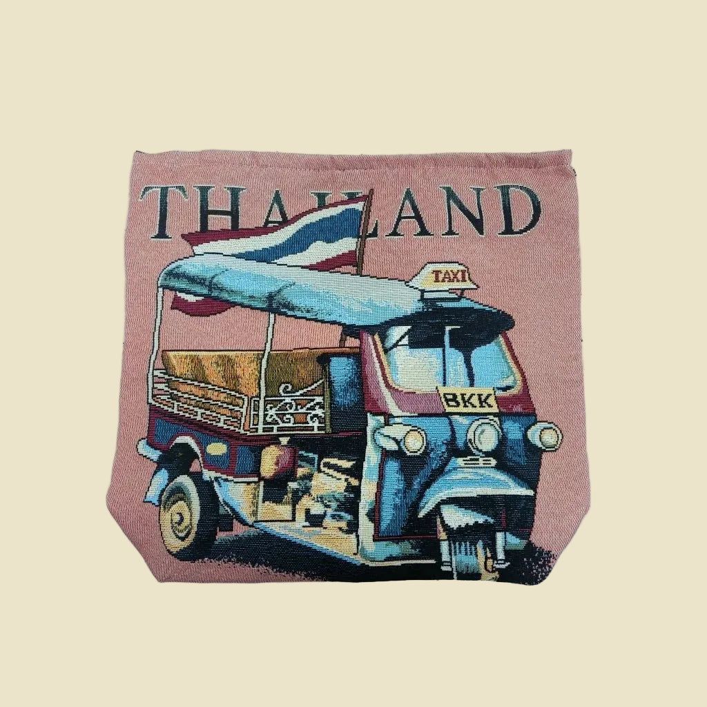 Iconic Thai Tuk Tuk woven tote bag with a colorful double-sided design, made from premium cotton fabric.