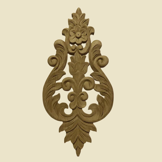 Intricate unfinished Thai teak wood applique onlay with floral carvings, perfect for DIY furniture and wall decor.