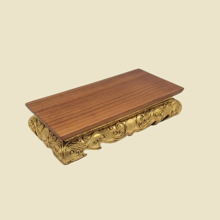 Handcrafted Thai Teak wood Buddha statue pedestal with gold leaf finish, available in multiple sizes for home altar and office decor.