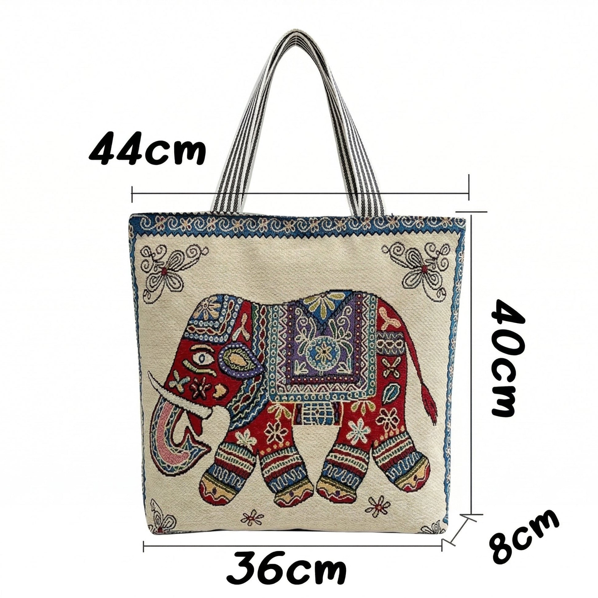 Large handcrafted Thai elephant woven tote bag with a pattern on one side, featuring zipper closure and inner lining for daily use.
