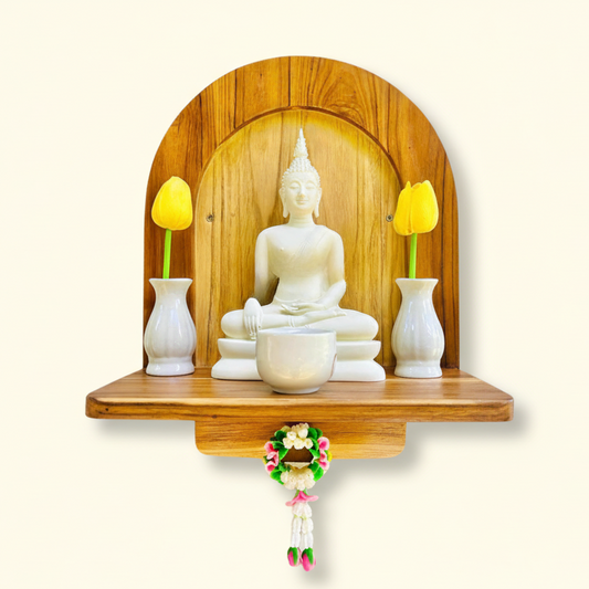 Minimalist golden teak wood wall-mounted Buddha altar with an arched back and built-in hook, perfect for Zen and spiritual home decor.