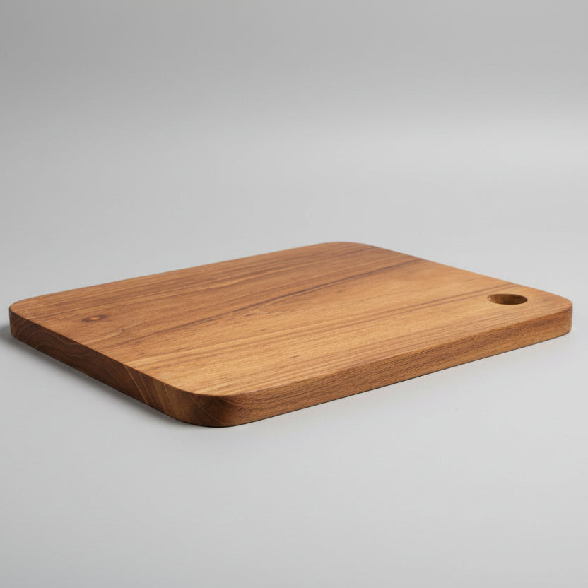 Minimalist handmade teak wood steak plate and cutting board with handle hole