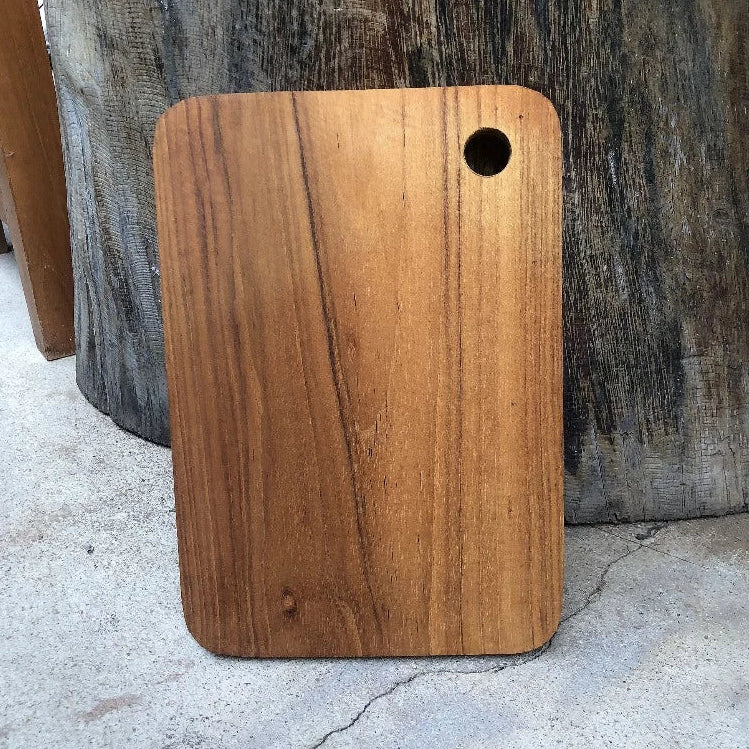 Minimalist handmade teak wood steak plate and cutting board with handle hole