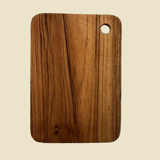 Minimalist handmade teak wood steak plate and cutting board with handle hole