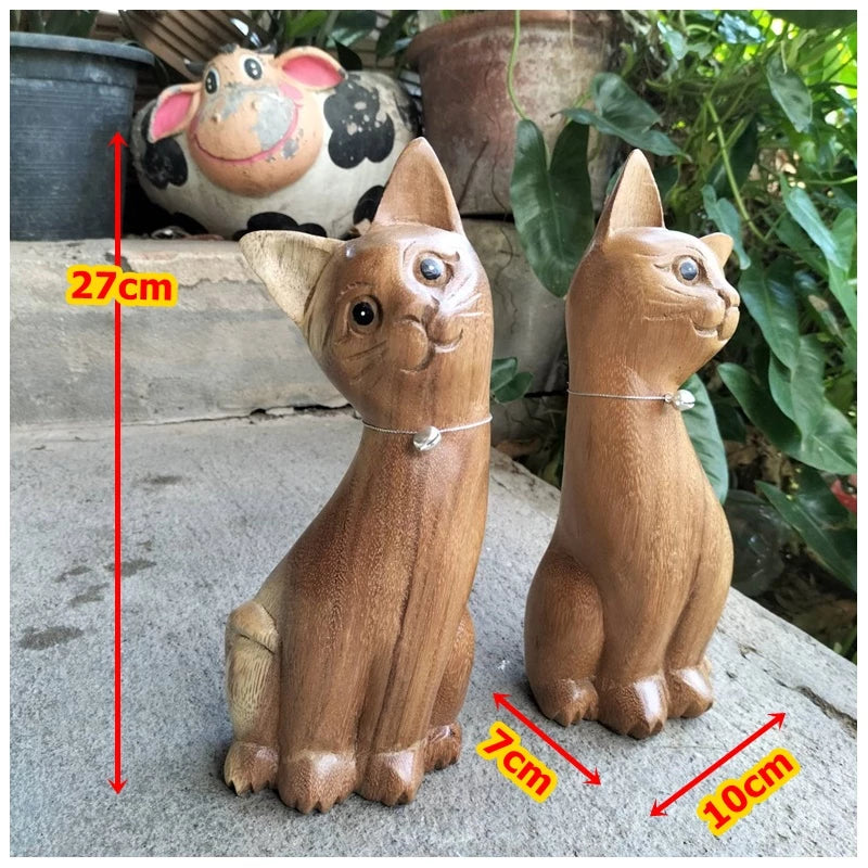 Pair of tall handcrafted wooden cat carvings for home decor
