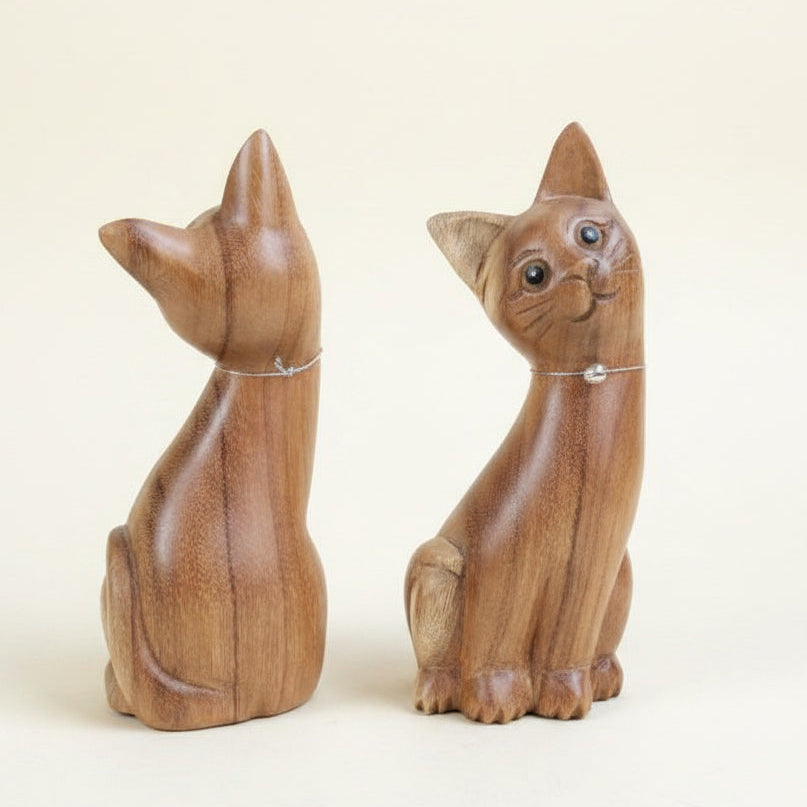 Pair of tall handcrafted wooden cat carvings for home decor