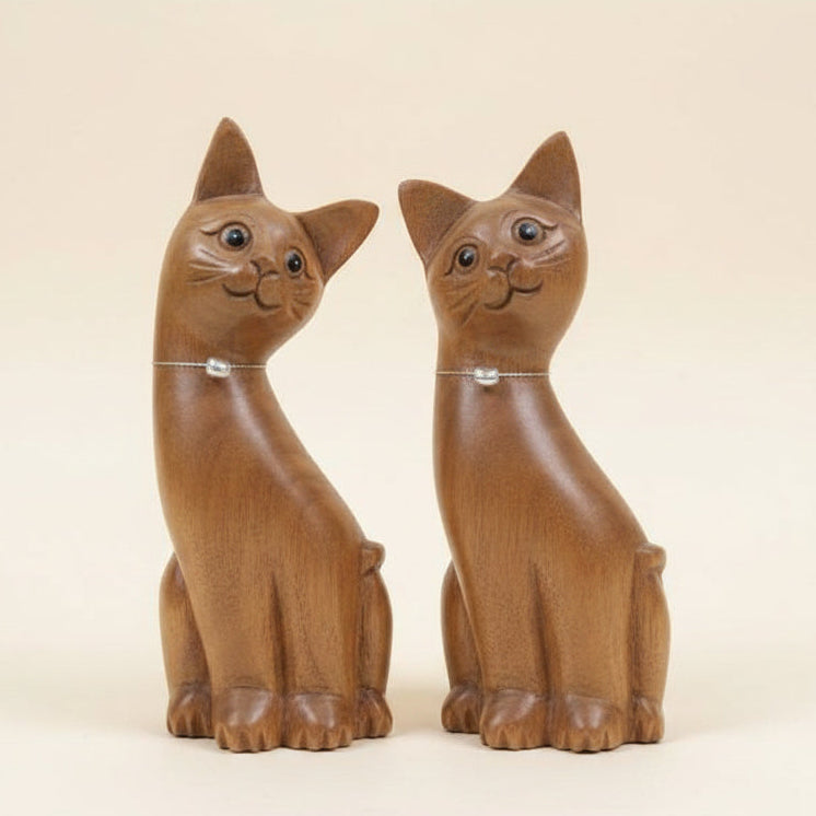 Pair of tall handcrafted wooden cat carvings for home decor