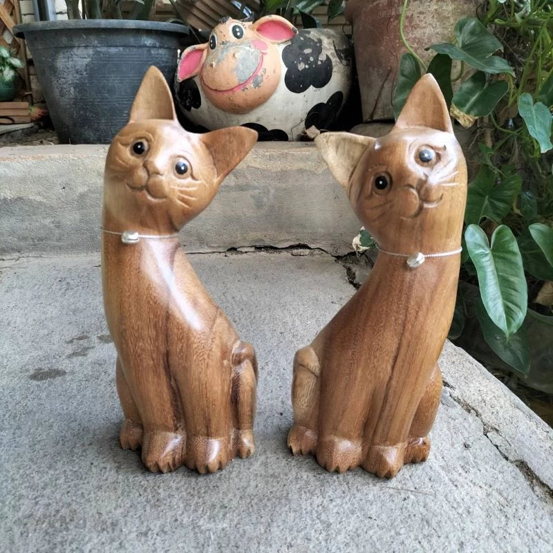 Pair of tall handcrafted wooden cat carvings for home decor