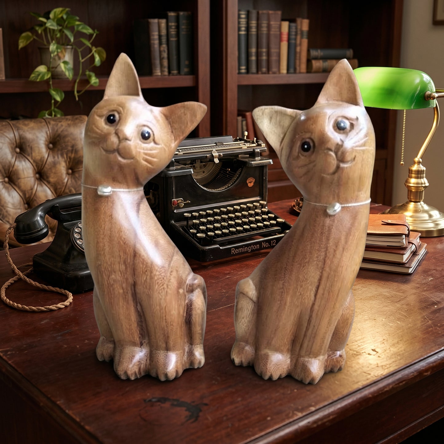 Pair of tall handcrafted wooden cat carvings for home decor