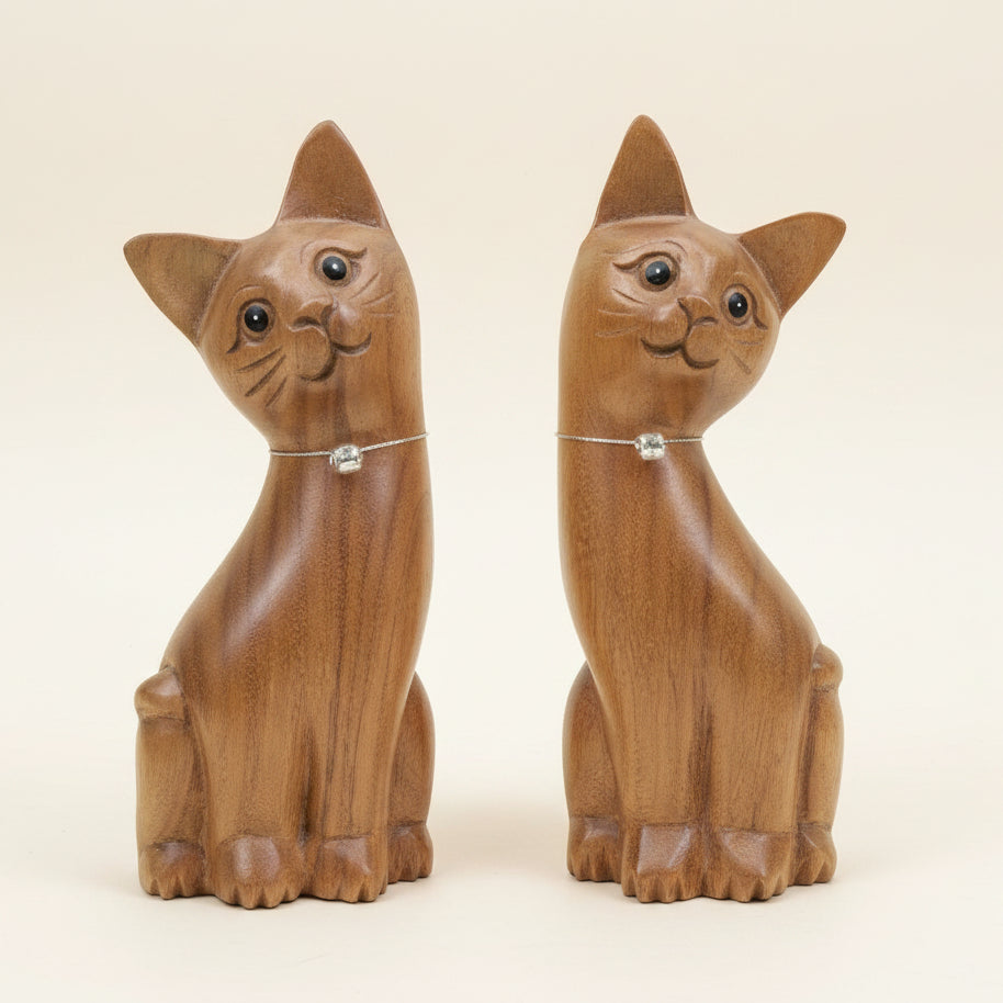 Pair of tall handcrafted wooden cat carvings for home decor