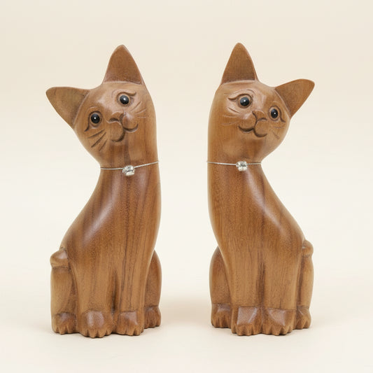 Pair of tall handcrafted wooden cat carvings for home decor