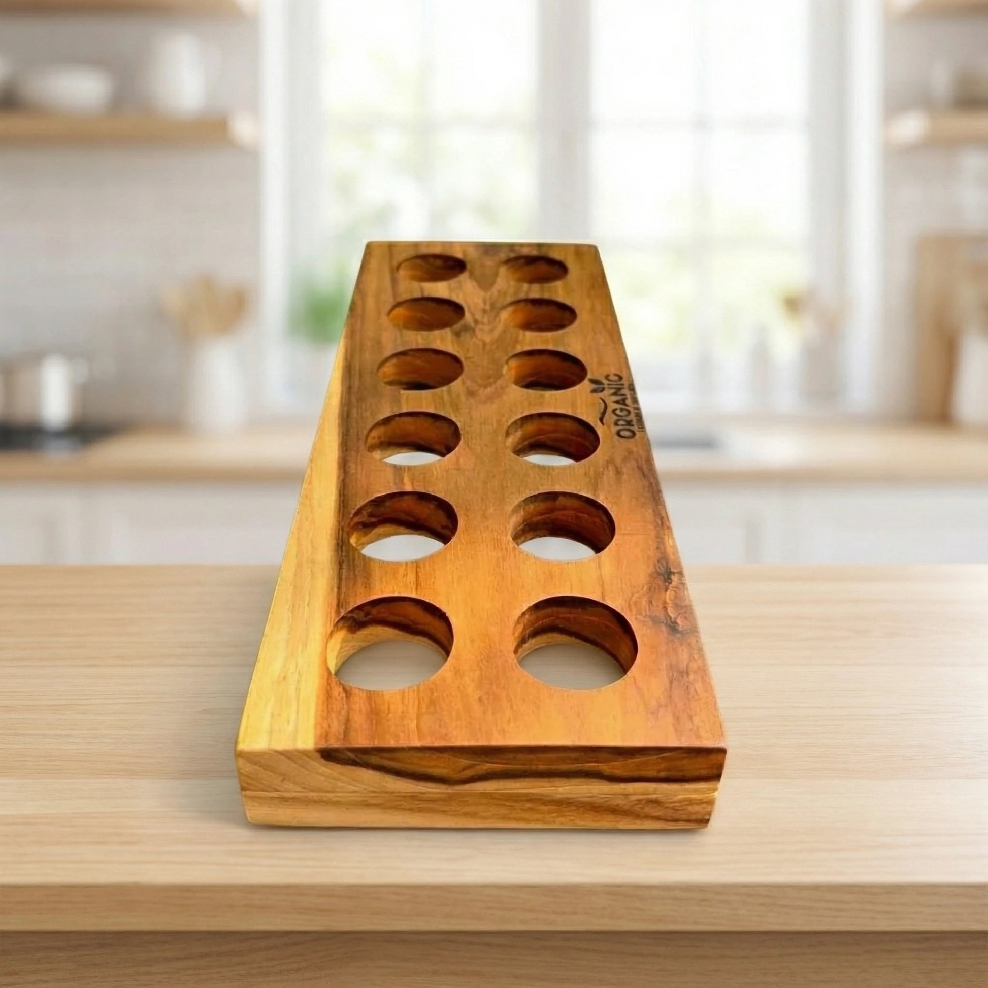 12-slot handcrafted teak wood egg tray with natural grain pattern and fresh eggs