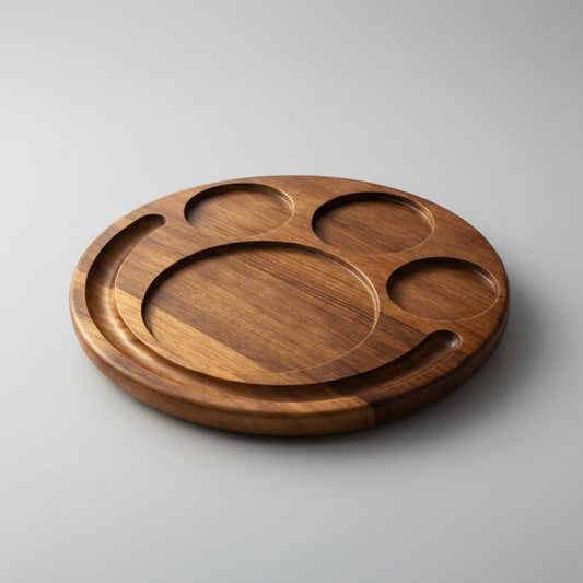 Round 12-inch Golden Teak wood serving tray with multi-compartments for cheese and fruits