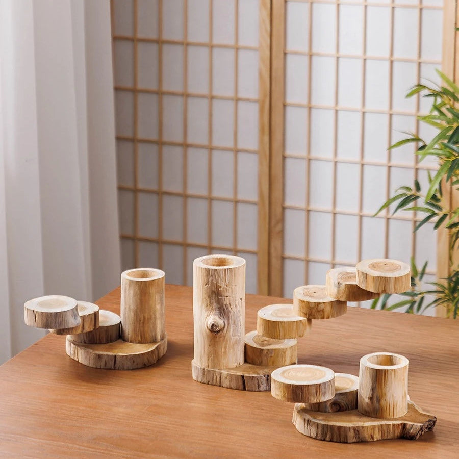 Dimensions for the 2-tier, 3-tier, and 5-tier rotating wooden sushi and utensil stands.