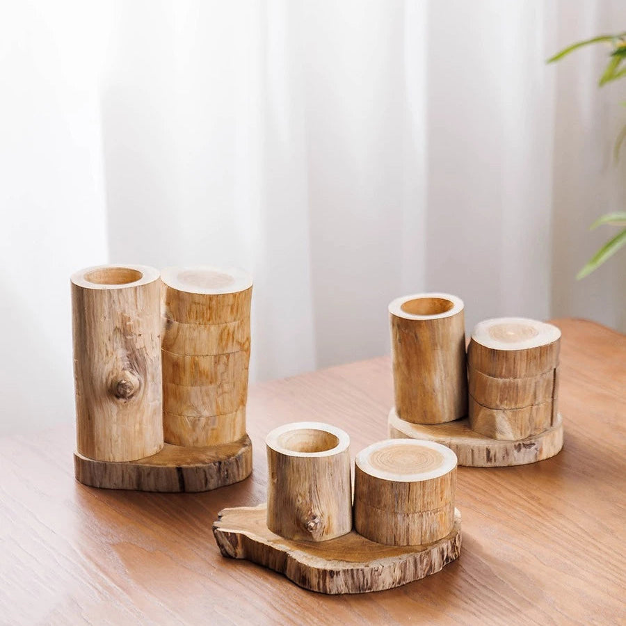 Dimensions for the 2-tier, 3-tier, and 5-tier rotating wooden sushi and utensil stands.