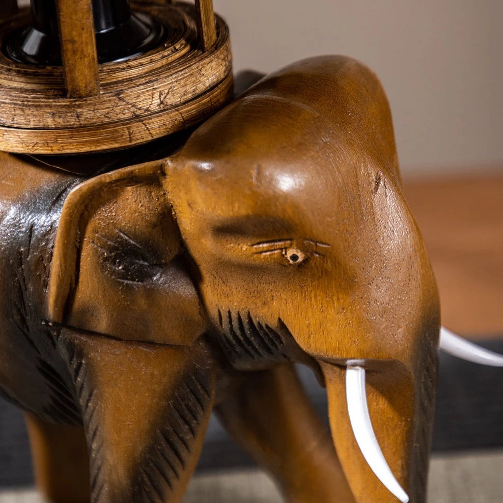 Rustic Wooden Elephant Lamp - Bamboo Hat Shade