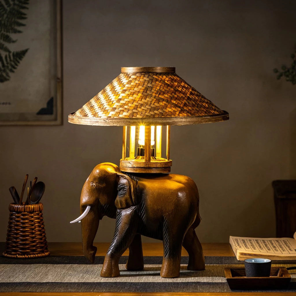 Rustic Wooden Elephant Lamp - Bamboo Hat Shade