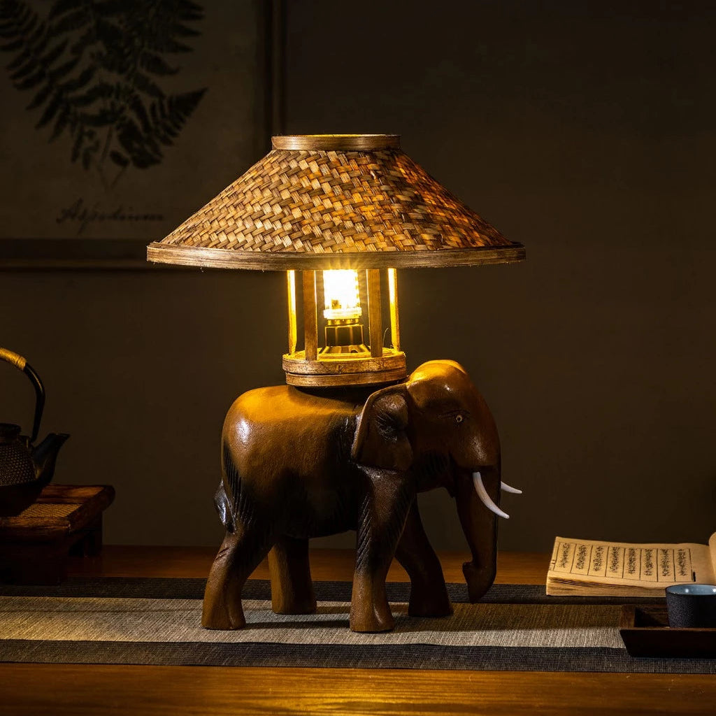 Rustic Wooden Elephant Lamp - Bamboo Hat Shade